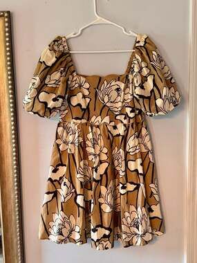Entro Floral Puff Sleeve Mini Dress Cottagecore Milkmaid Brown Cream Large
